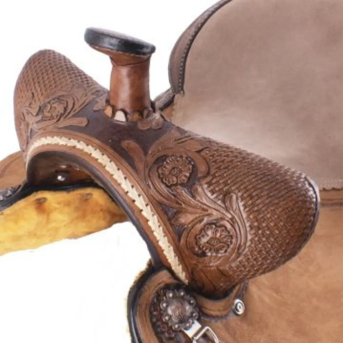 15" DOUBLE T BASKET WEAVE AND FLORAL TOOLED BARREL SADDLE