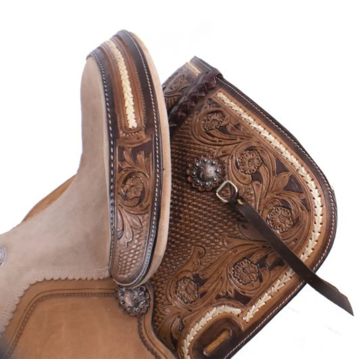 15" DOUBLE T BASKET WEAVE AND FLORAL TOOLED BARREL SADDLE