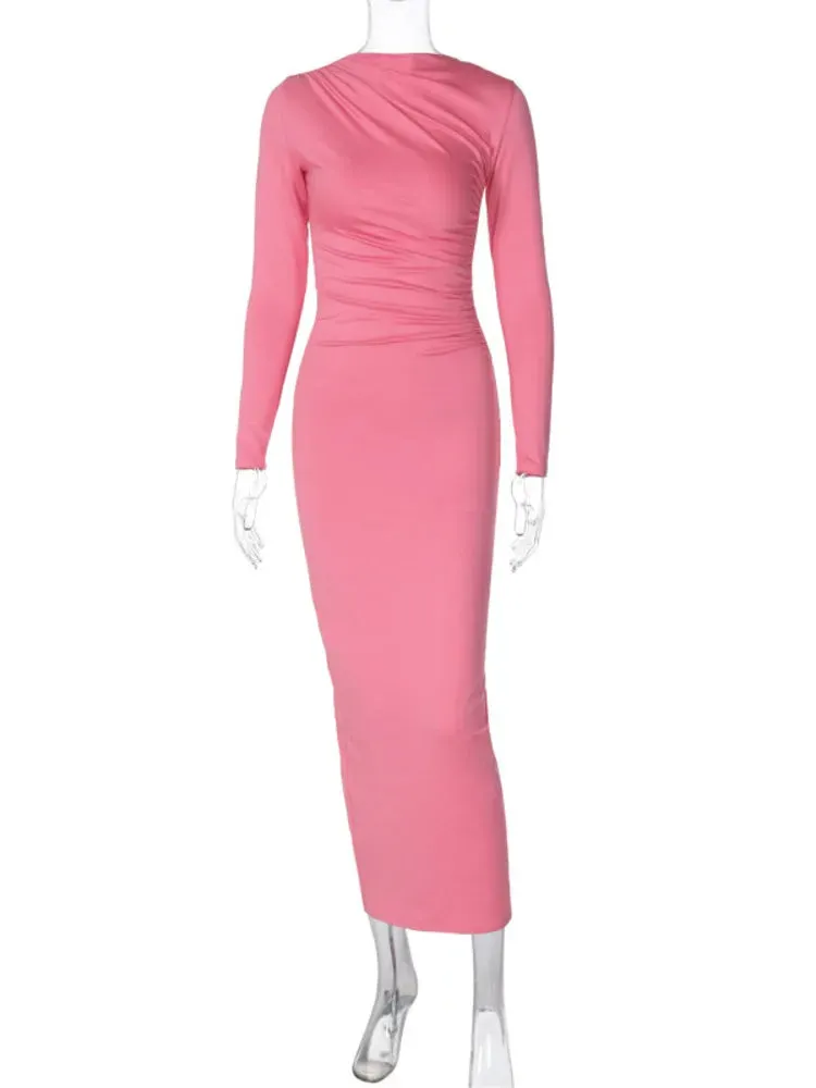 2024 Spring New O Neck Ruched Fashion Long Bodycon Dress