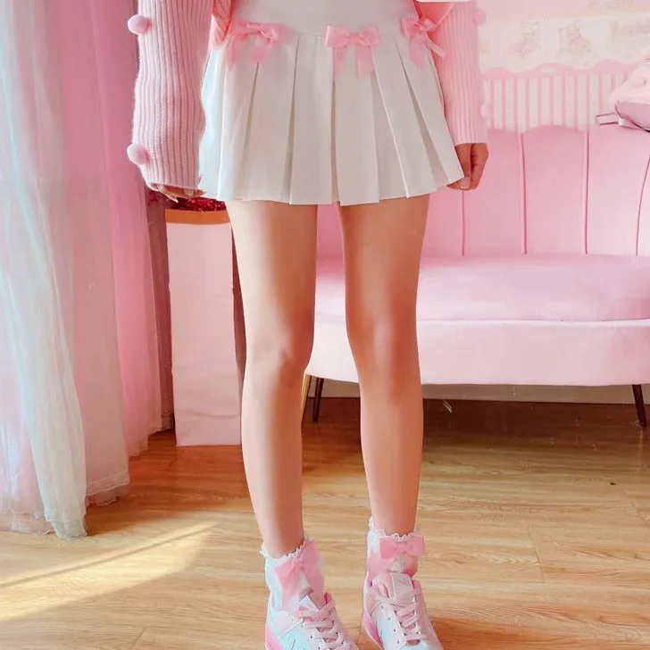 Adorable Kawaii Bow White Pleated Women Mini Skirt