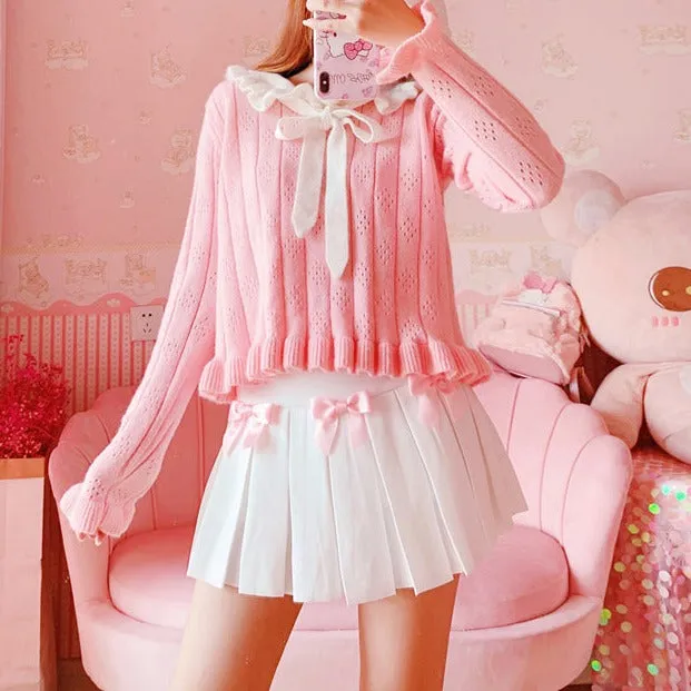 Adorable Kawaii Bow White Pleated Women Mini Skirt