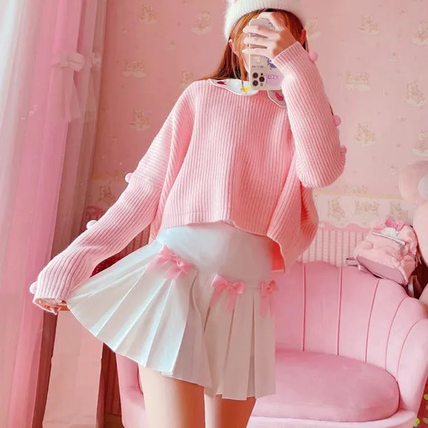 Adorable Kawaii Bow White Pleated Women Mini Skirt