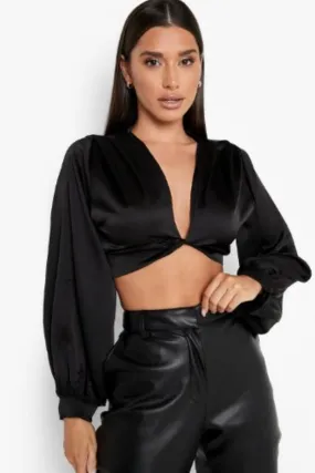 Beautiful Plunge Neckline Full Sleeve Black Top