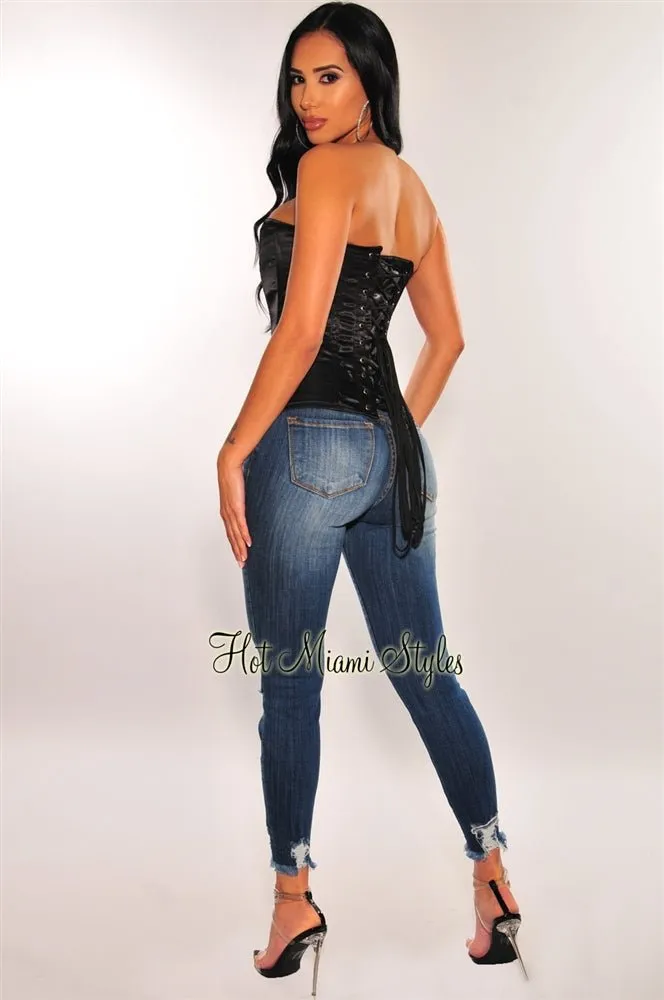 Black Satin Boned Busk Corset Top