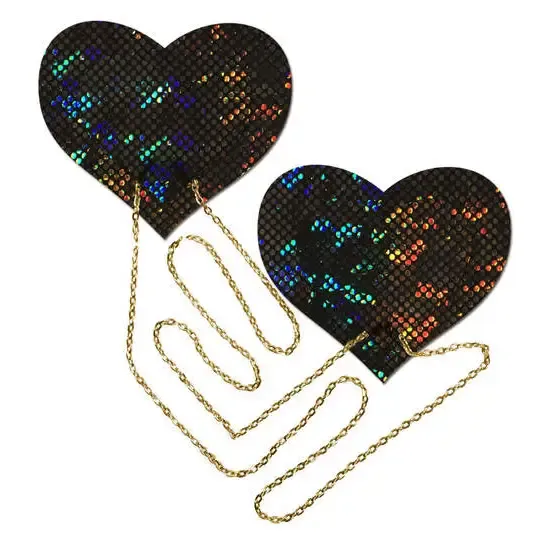 Black Shattered Disco Ball Heart W/ Gold Chains Pasties