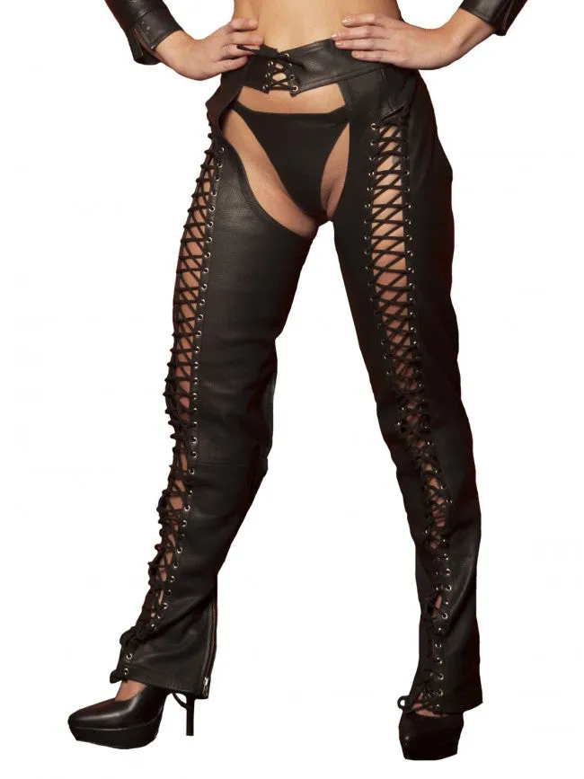 Black Widow Lace Up Chaps & Leatherette G String