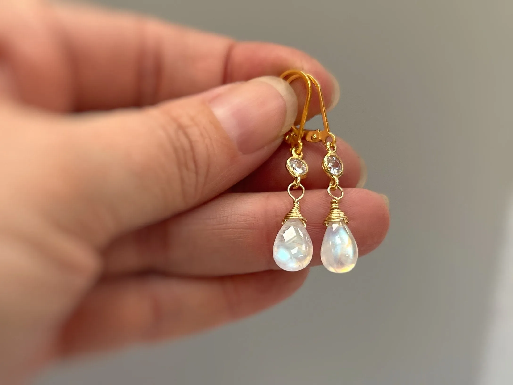 Boho Moonstone and crystal earrings14k gold fill, Silver