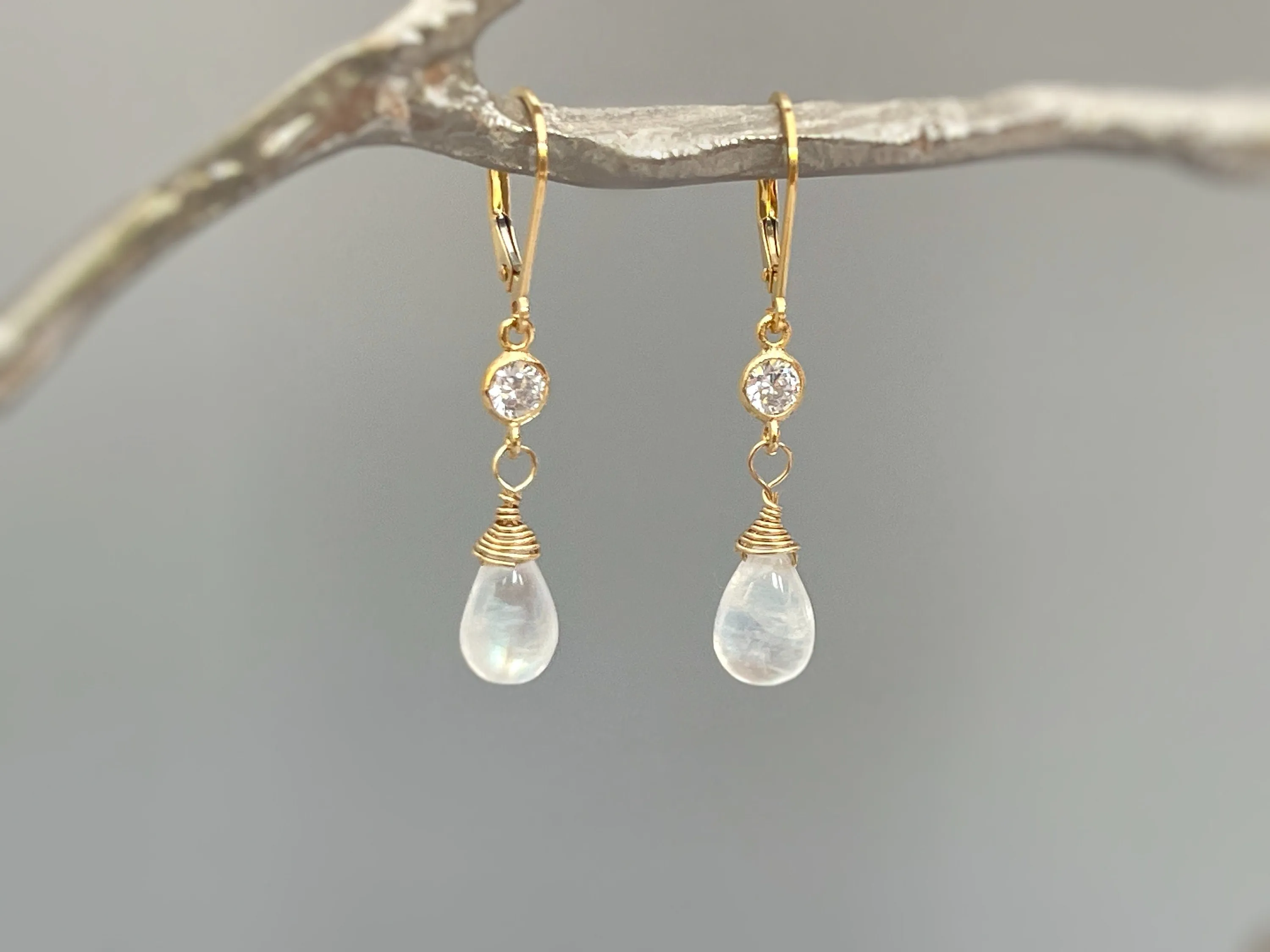 Boho Moonstone and crystal earrings14k gold fill, Silver