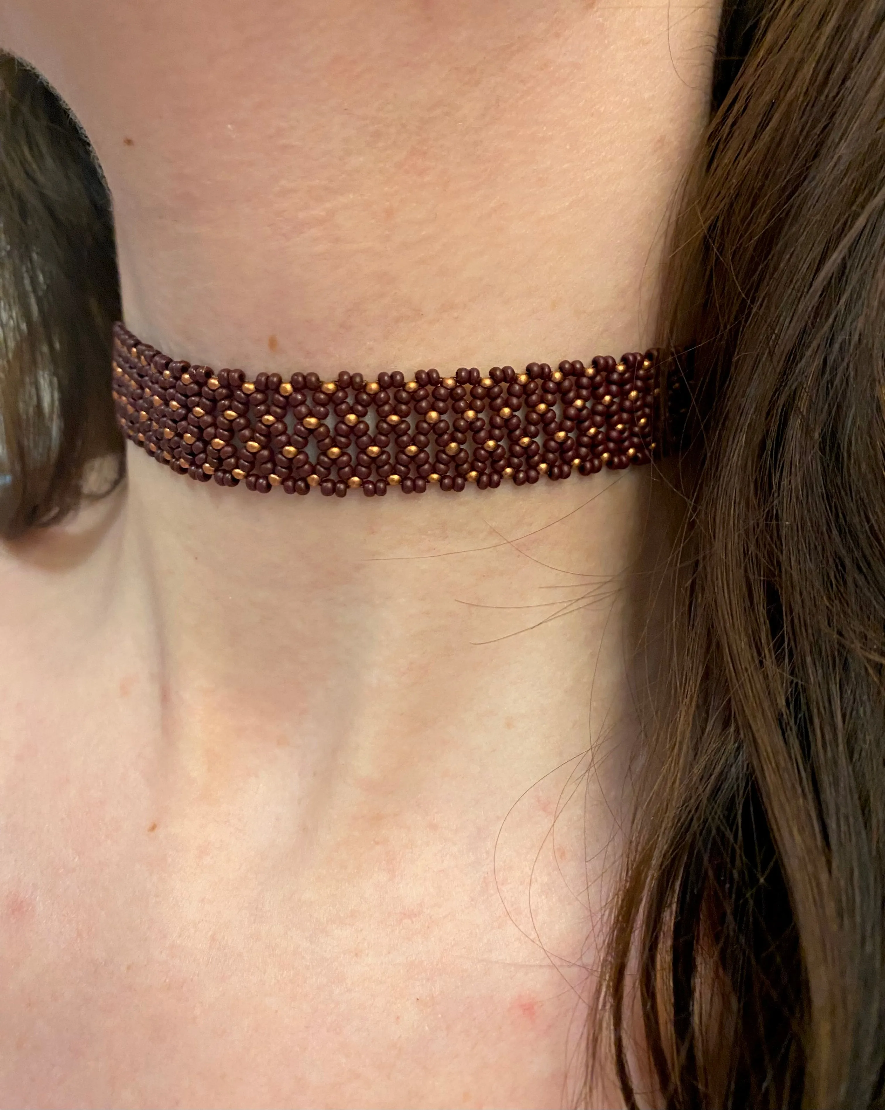 Brown and Gold Seed Bead Choker Wide for Women in boho hippie style