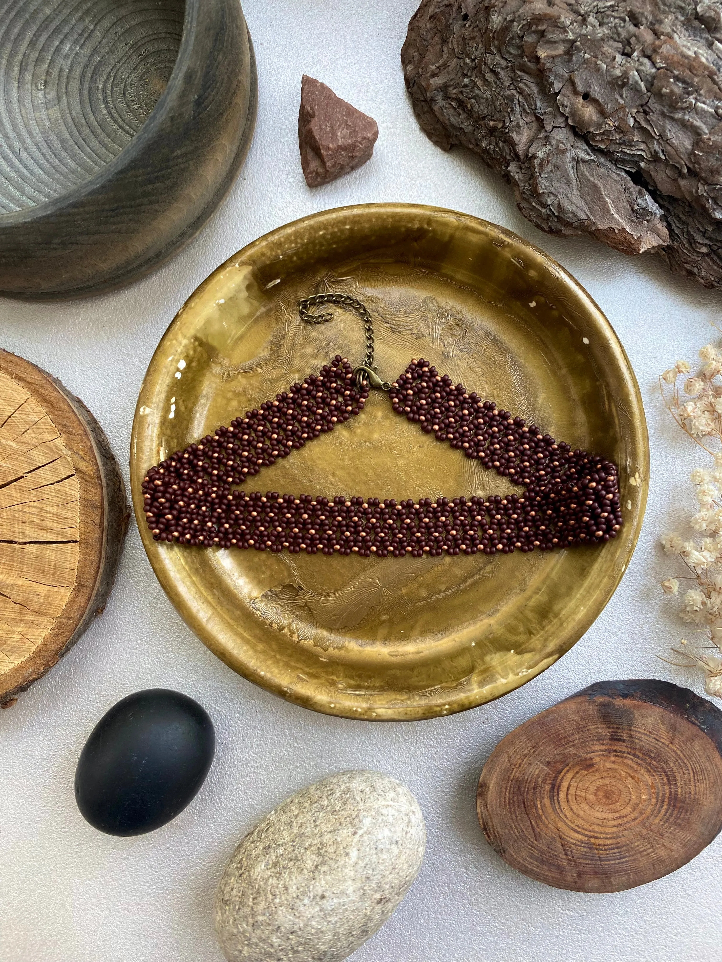 Brown and Gold Seed Bead Choker Wide for Women in boho hippie style