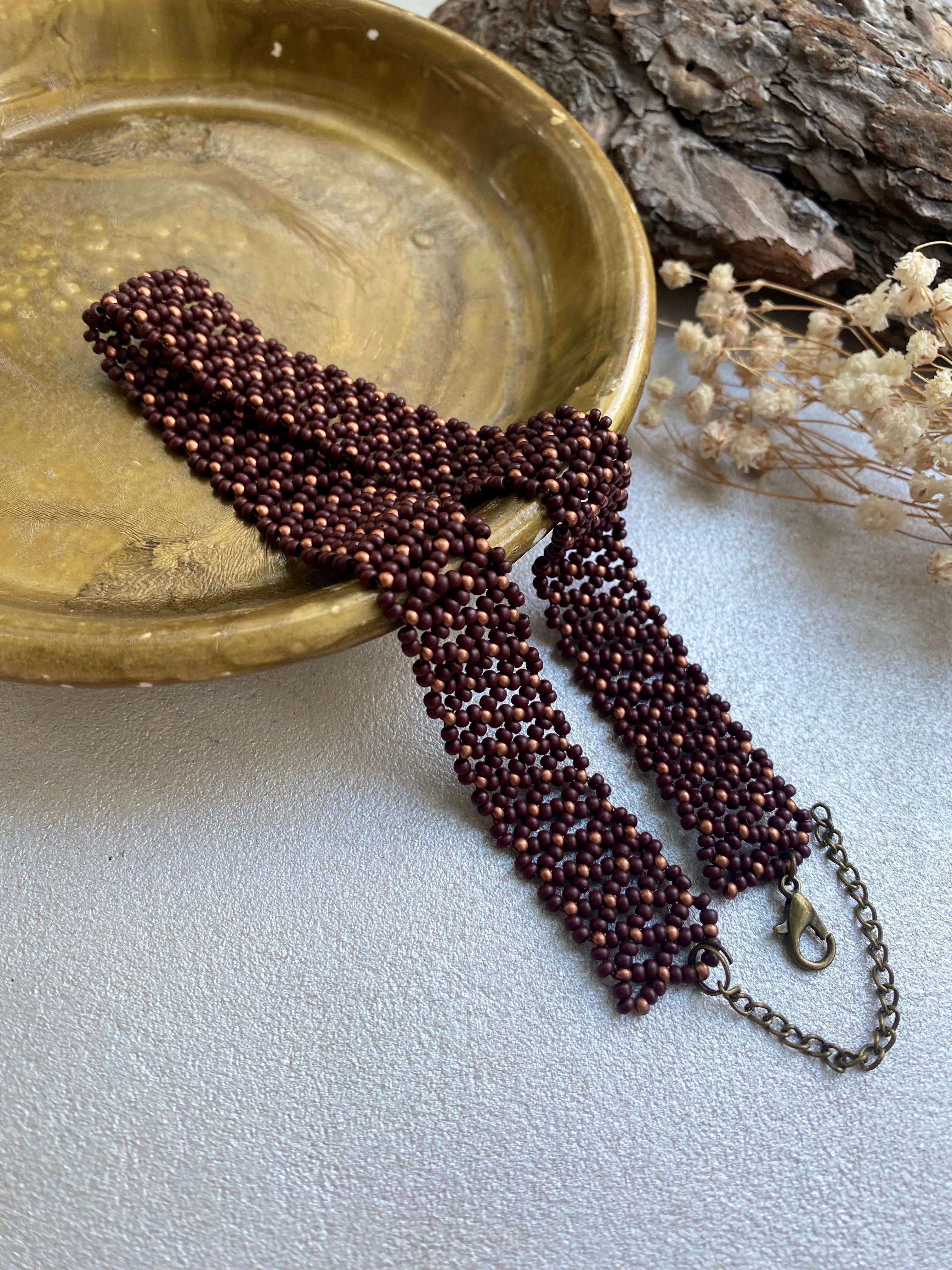 Brown and Gold Seed Bead Choker Wide for Women in boho hippie style