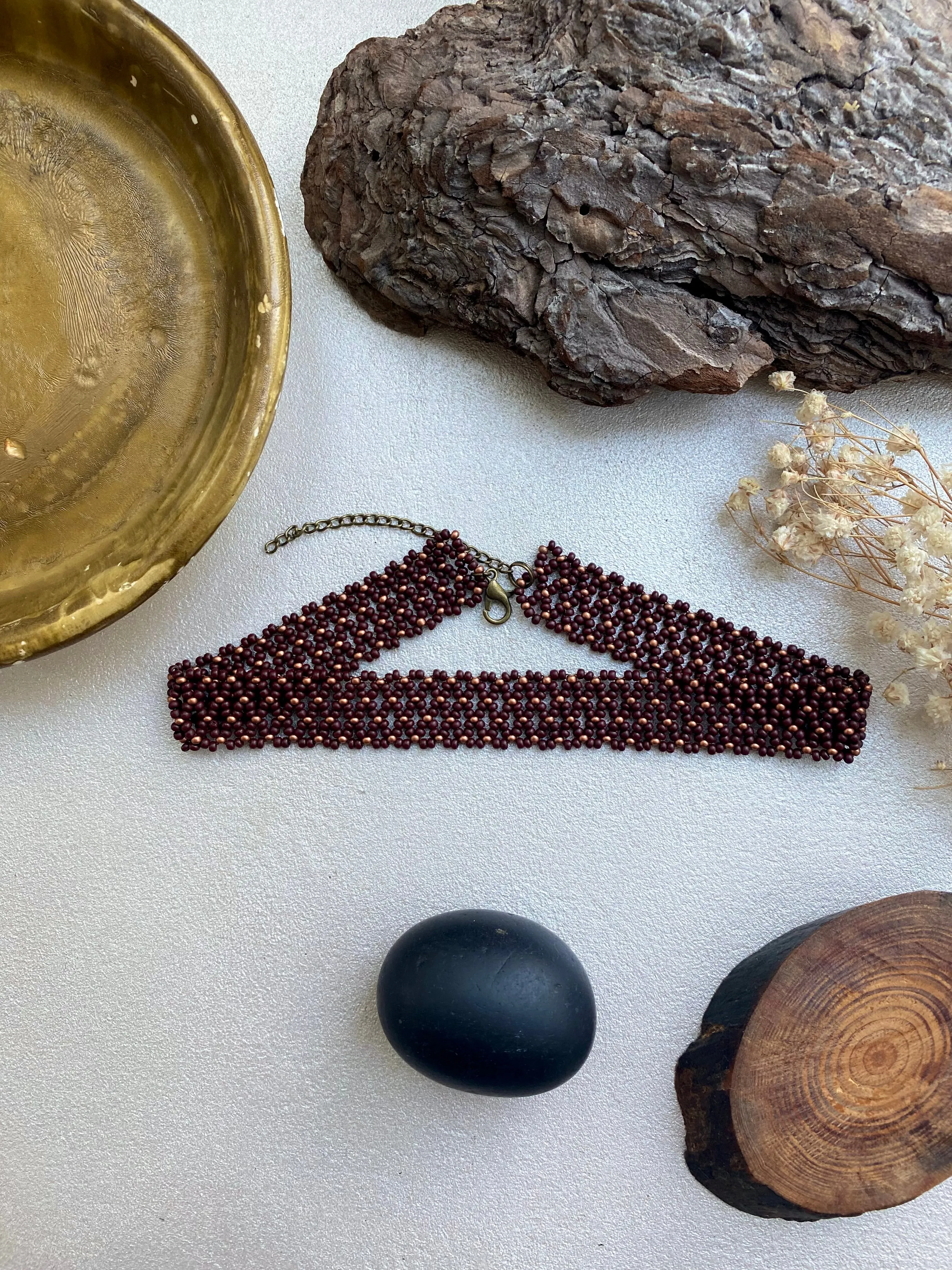 Brown and Gold Seed Bead Choker Wide for Women in boho hippie style