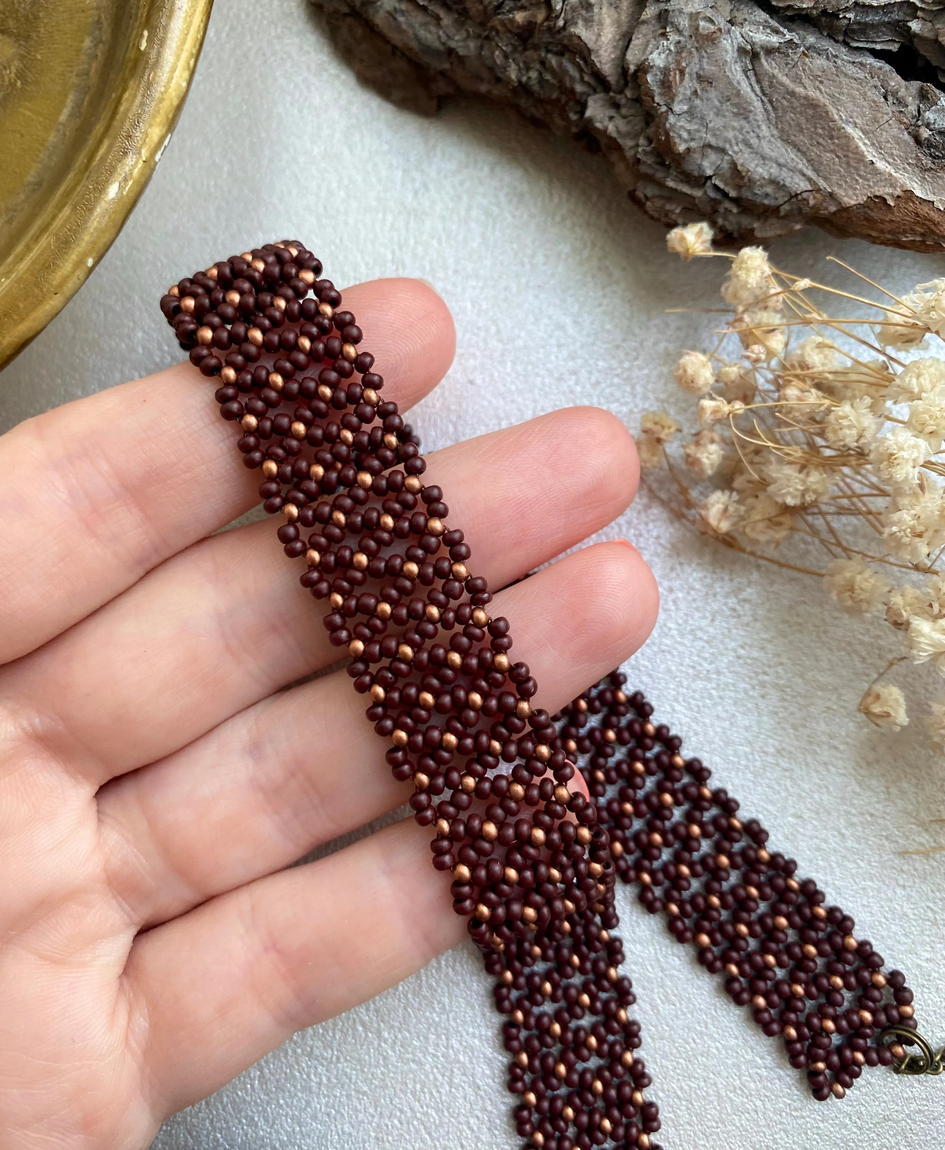 Brown and Gold Seed Bead Choker Wide for Women in boho hippie style