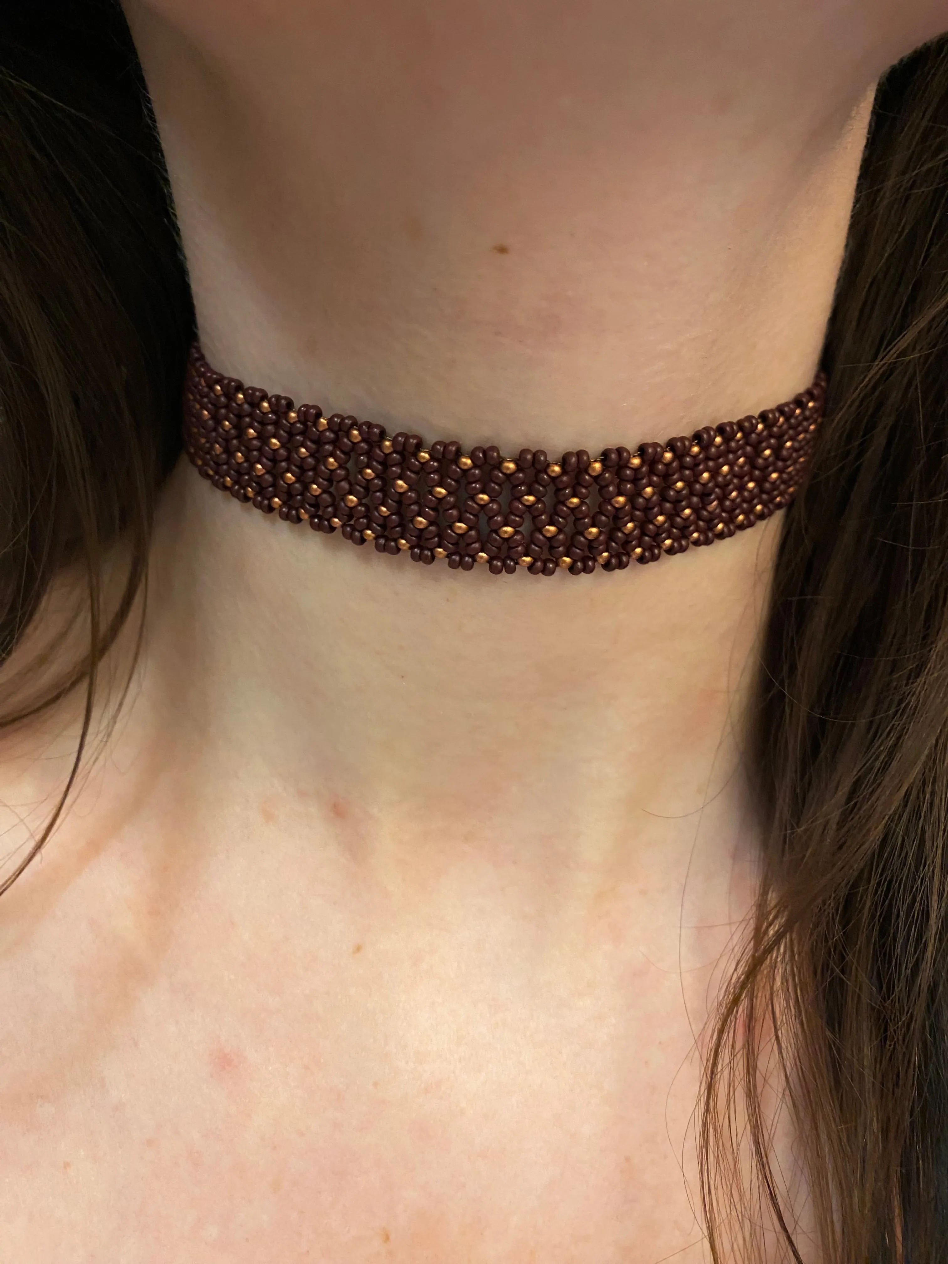 Brown and Gold Seed Bead Choker Wide for Women in boho hippie style