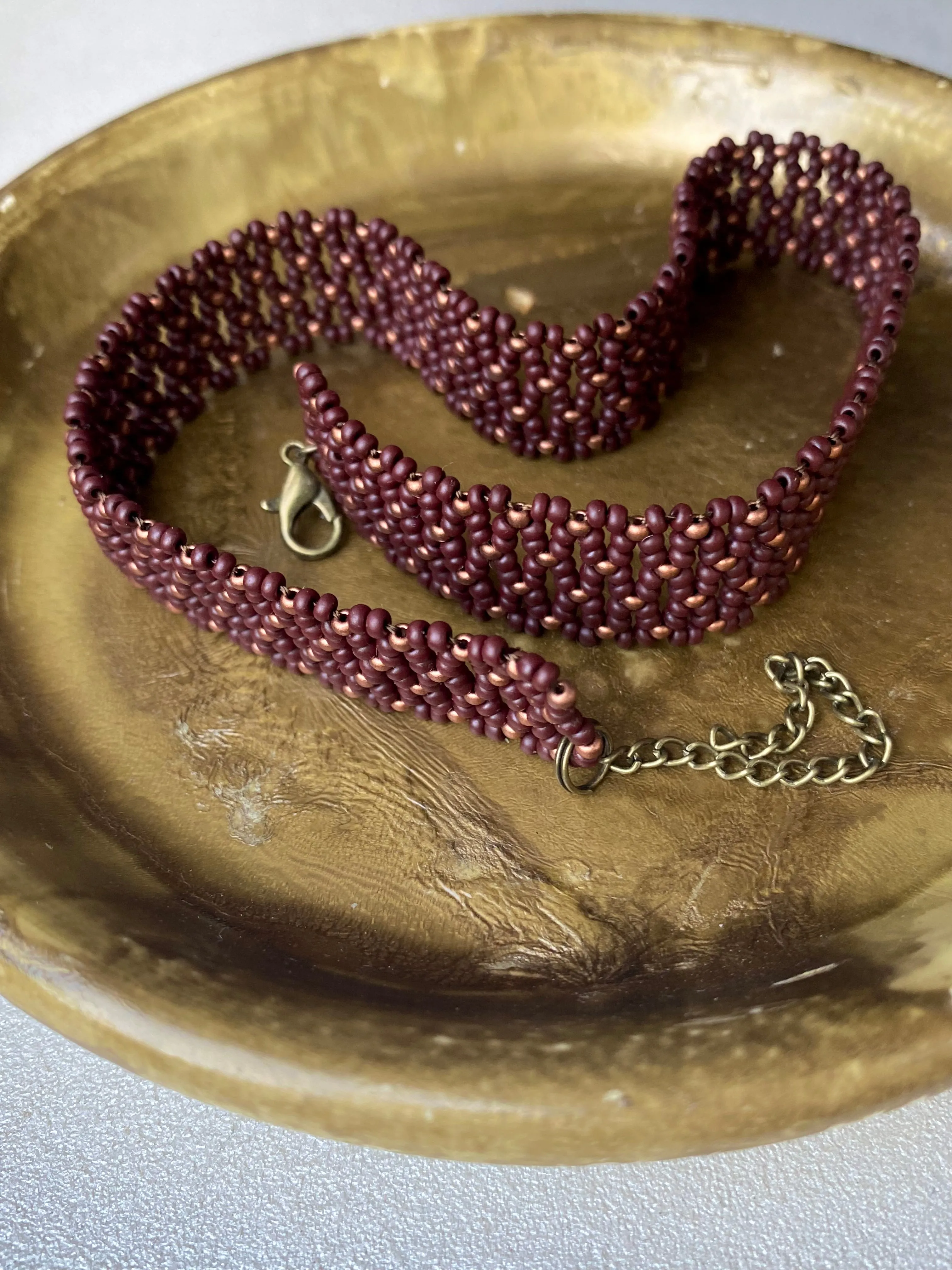 Brown and Gold Seed Bead Choker Wide for Women in boho hippie style