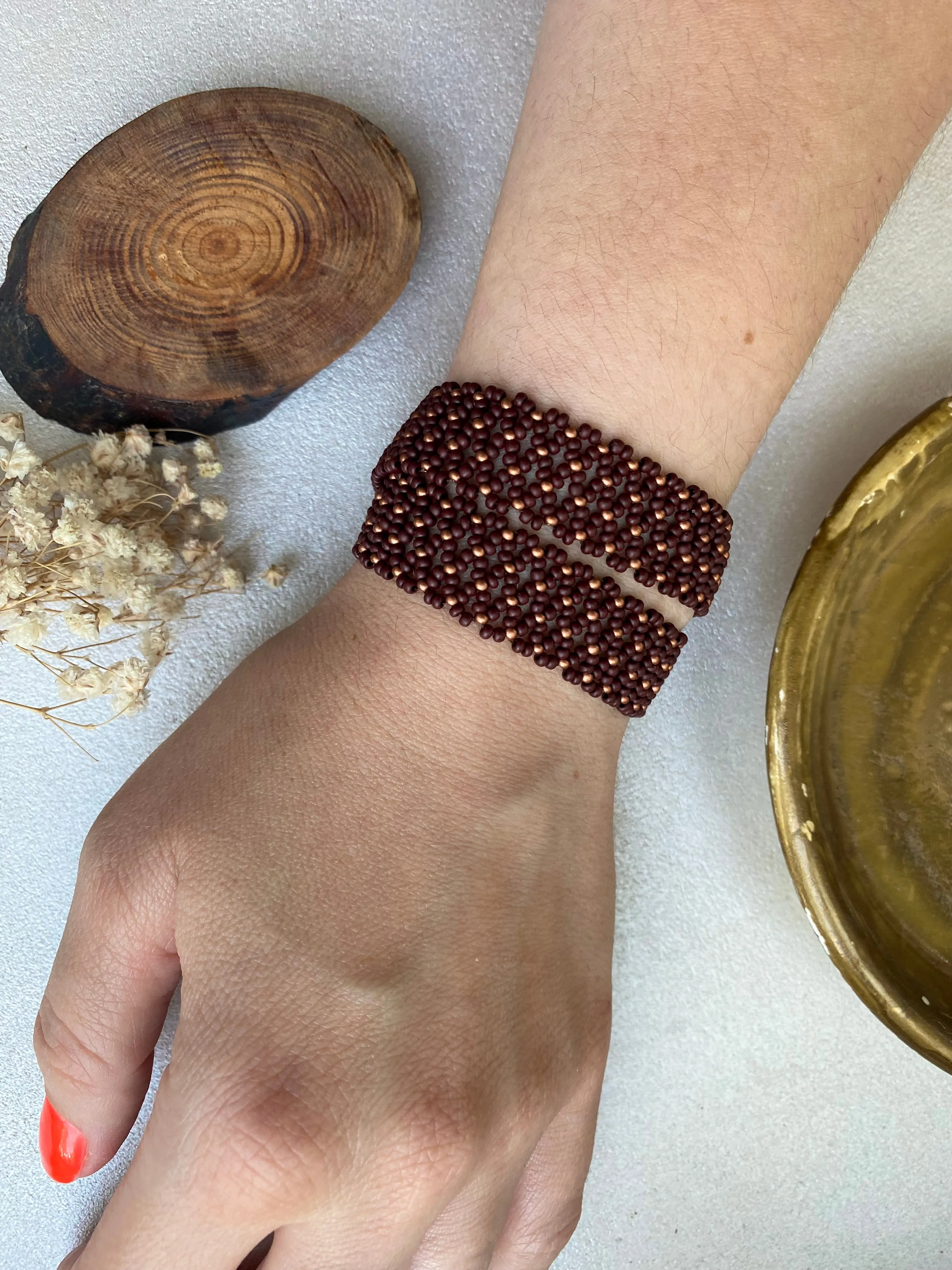 Brown and Gold Seed Bead Choker Wide for Women in boho hippie style