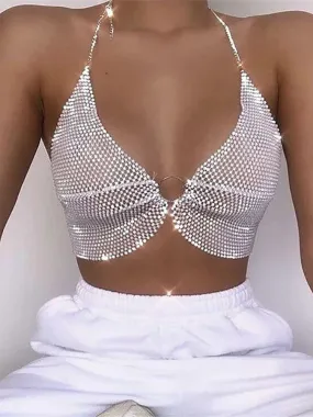 Crop Summer Rhinestones Streetwear Sexy Tee Backless V-Neck Y2K Sparkly Top