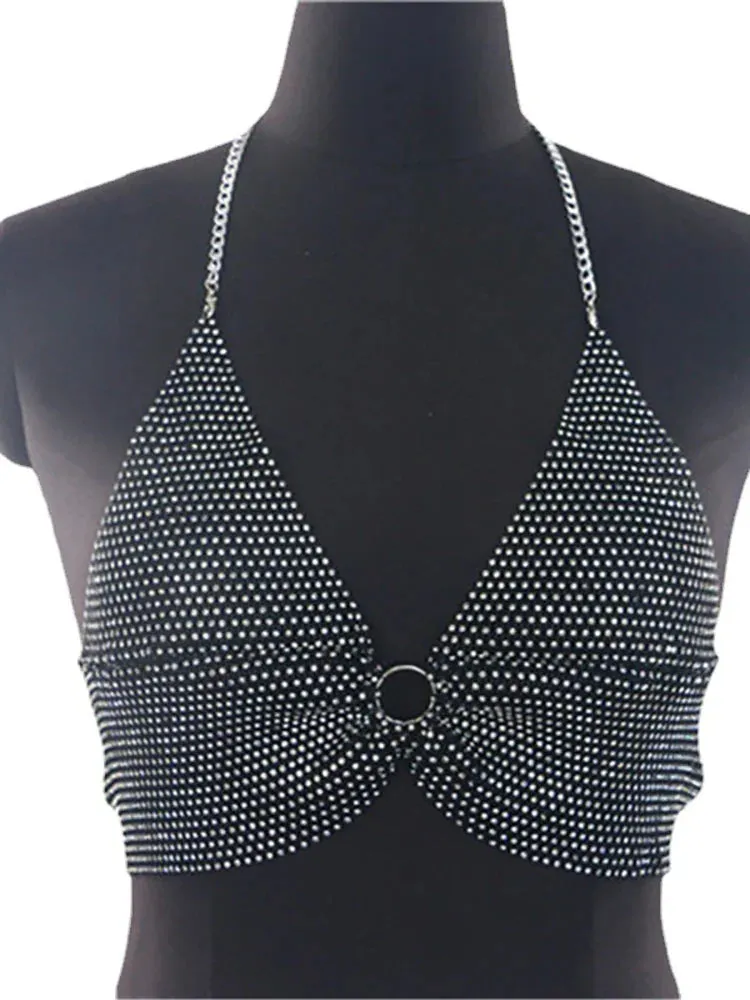 Crop Summer Rhinestones Streetwear Sexy Tee Backless V-Neck Y2K Sparkly Top