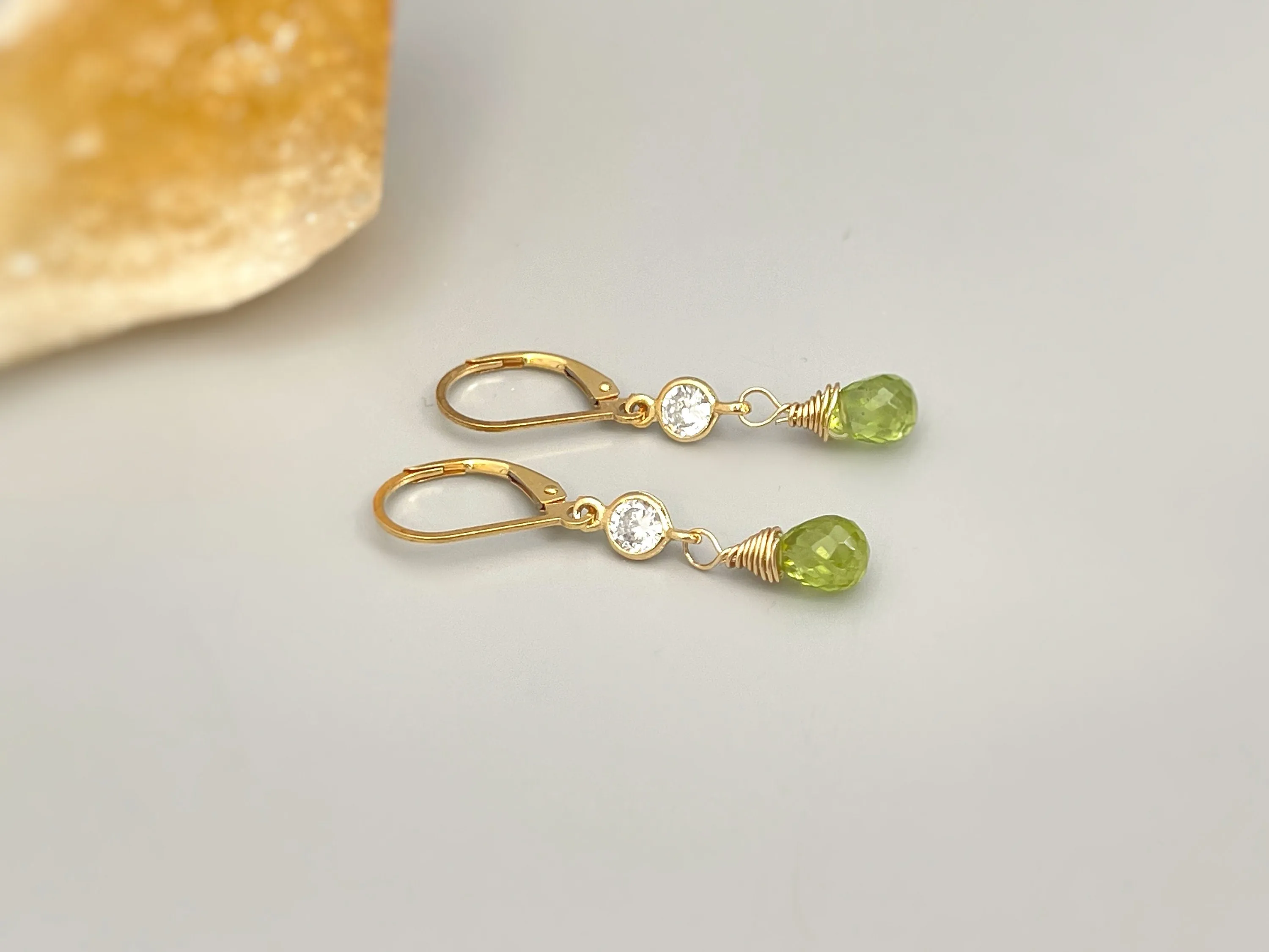 Dainty peridot earrings dangle, 14k Gold crystal