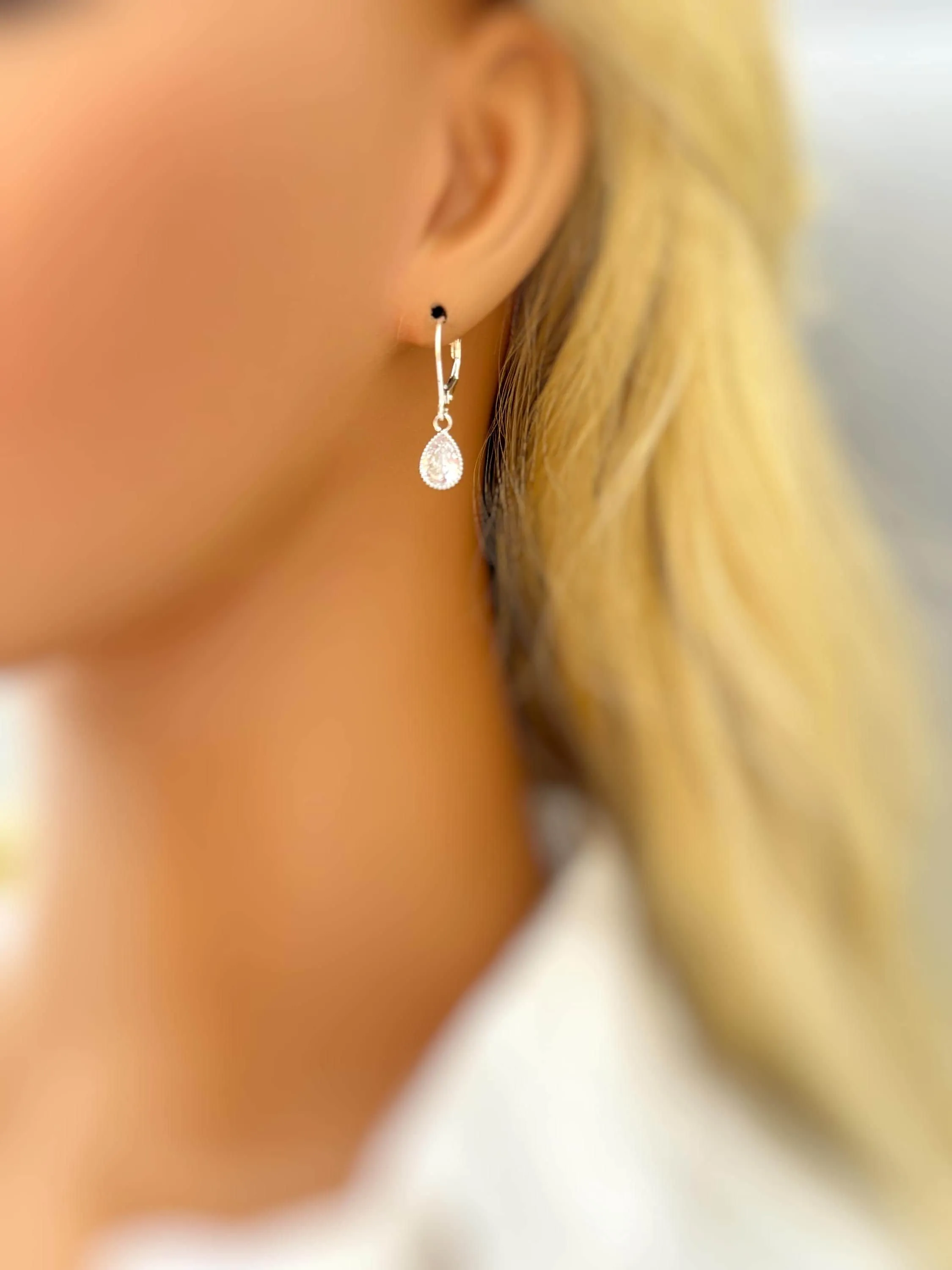 Dainty Tear Drop Crystal Earrings dangle 14k gold