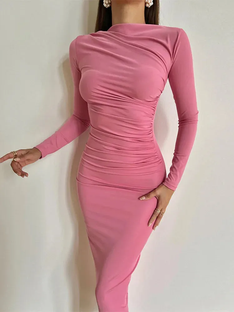 DressBetty - 2024 Spring New O Neck Ruched Fashion Long Bodycon Dress