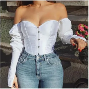 DressBetty - Women Sexy Off Shoulder Shirt  Blouse Lady Girls Fashion Back Bandage Slim Bustier Female Leotard Corset Ladies' Solid Tops Wear