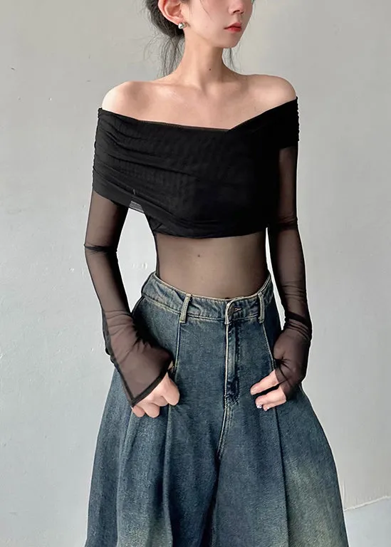 Fashion Black Cold Shoulder Sexy Tulle Blouse Tops Fall AL1059