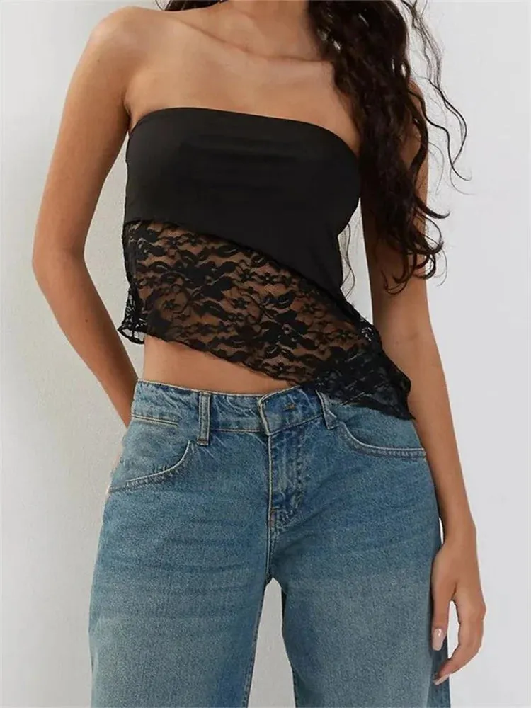 FashionSierra - 2024 Floral Patchwork Tube Top Party Clubwear Cropped Strapless Off Shoulder Irregular Hem Vest Crop Tops