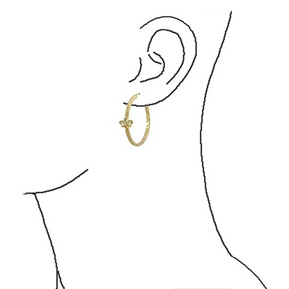 Fleur De Lis Textured Hoop Earrings Pave CZ Textured Gold Plated