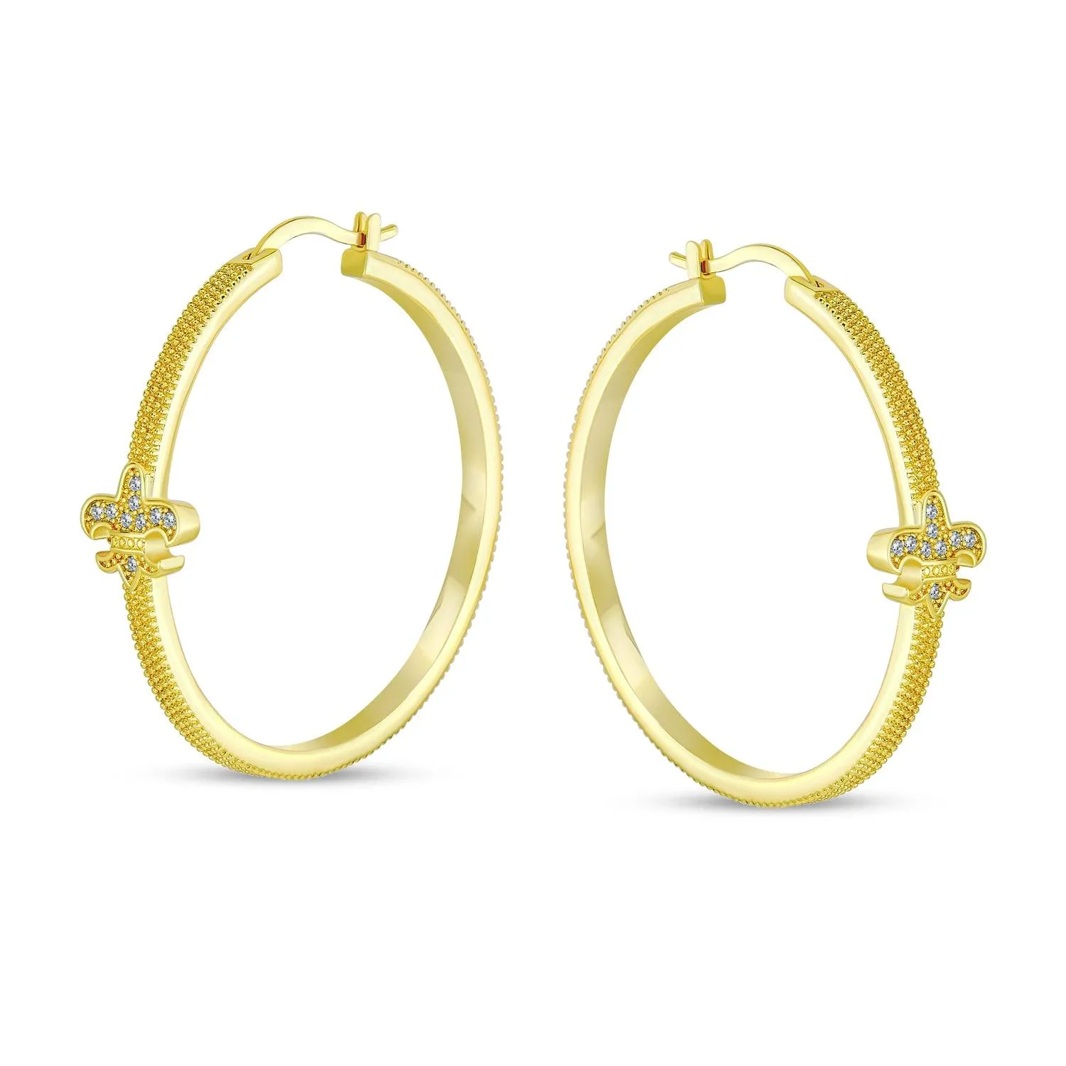 Fleur De Lis Textured Hoop Earrings Pave CZ Textured Gold Plated