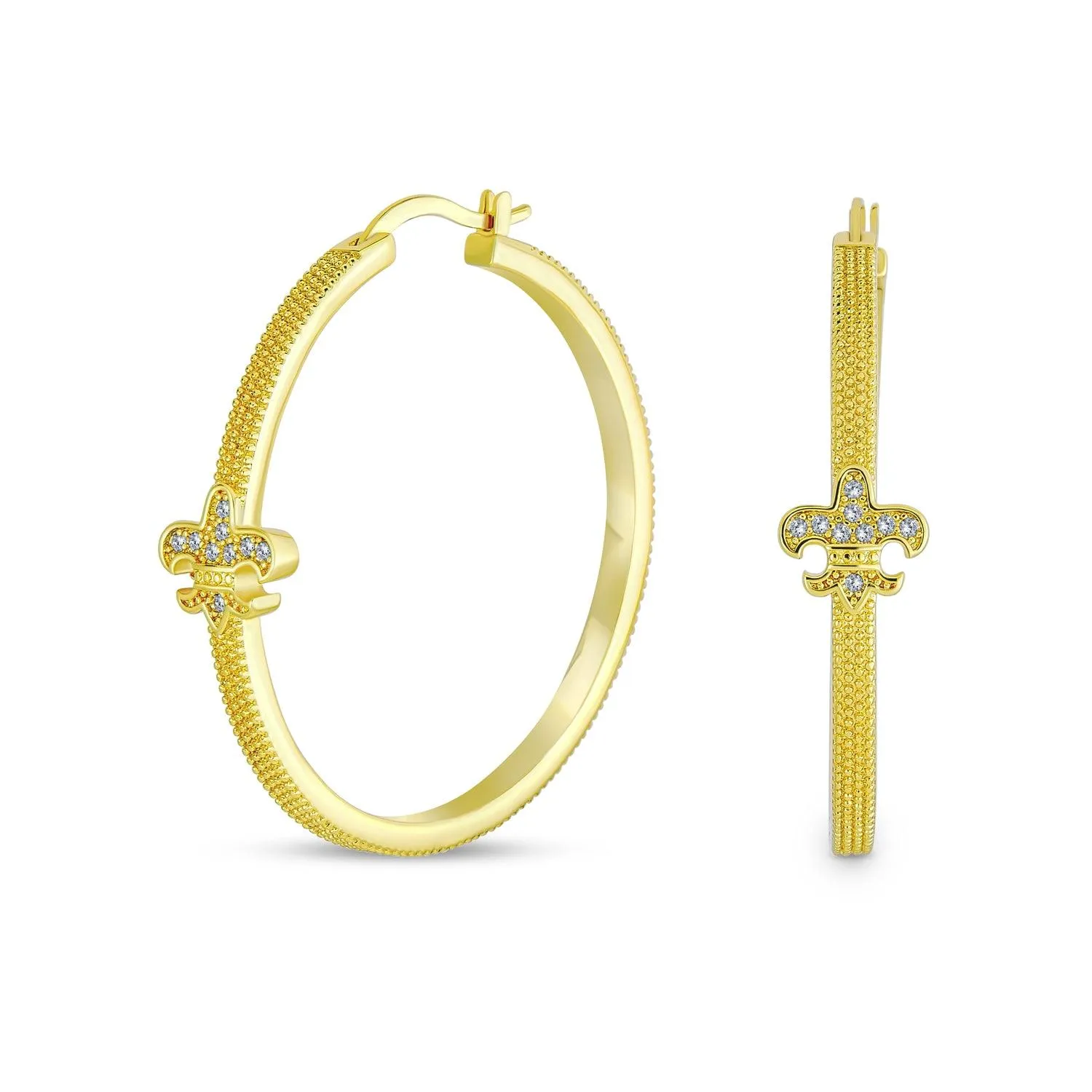 Fleur De Lis Textured Hoop Earrings Pave CZ Textured Gold Plated