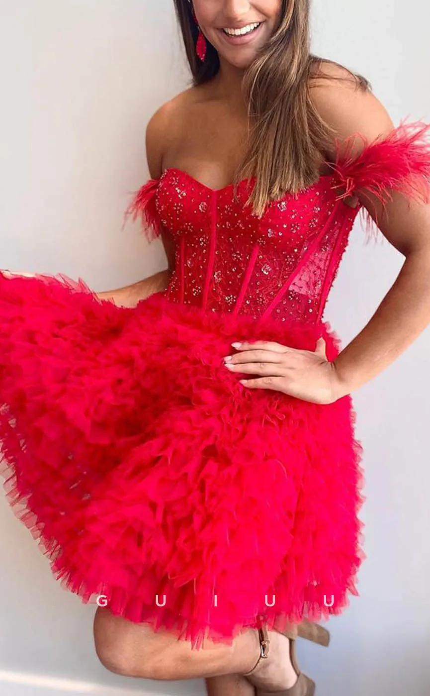 GH613 - Sexy & Hot Ball Gown Sweeetheart Sheer Feather Off-Shoulder Beaded Homecoming Dress