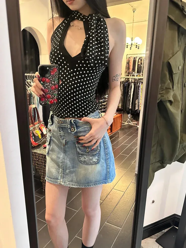 Girlary American Retro Black Polka Dot Halter Sleeveless Tops Women Casual Sexy Spice Girl Slim Strap Vest Summer Y2k Vintage Clothing