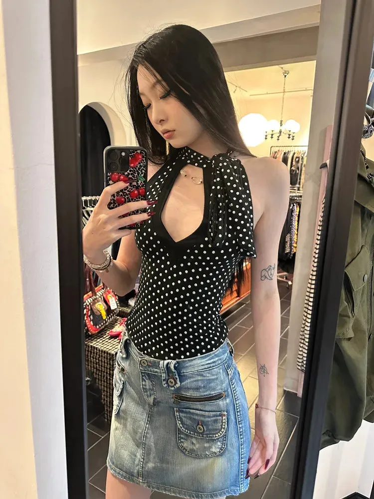 Girlary American Retro Black Polka Dot Halter Sleeveless Tops Women Casual Sexy Spice Girl Slim Strap Vest Summer Y2k Vintage Clothing