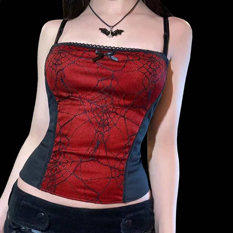 Gothic Pattern Web Crop Zipper Backless Spider Sleeveless Top