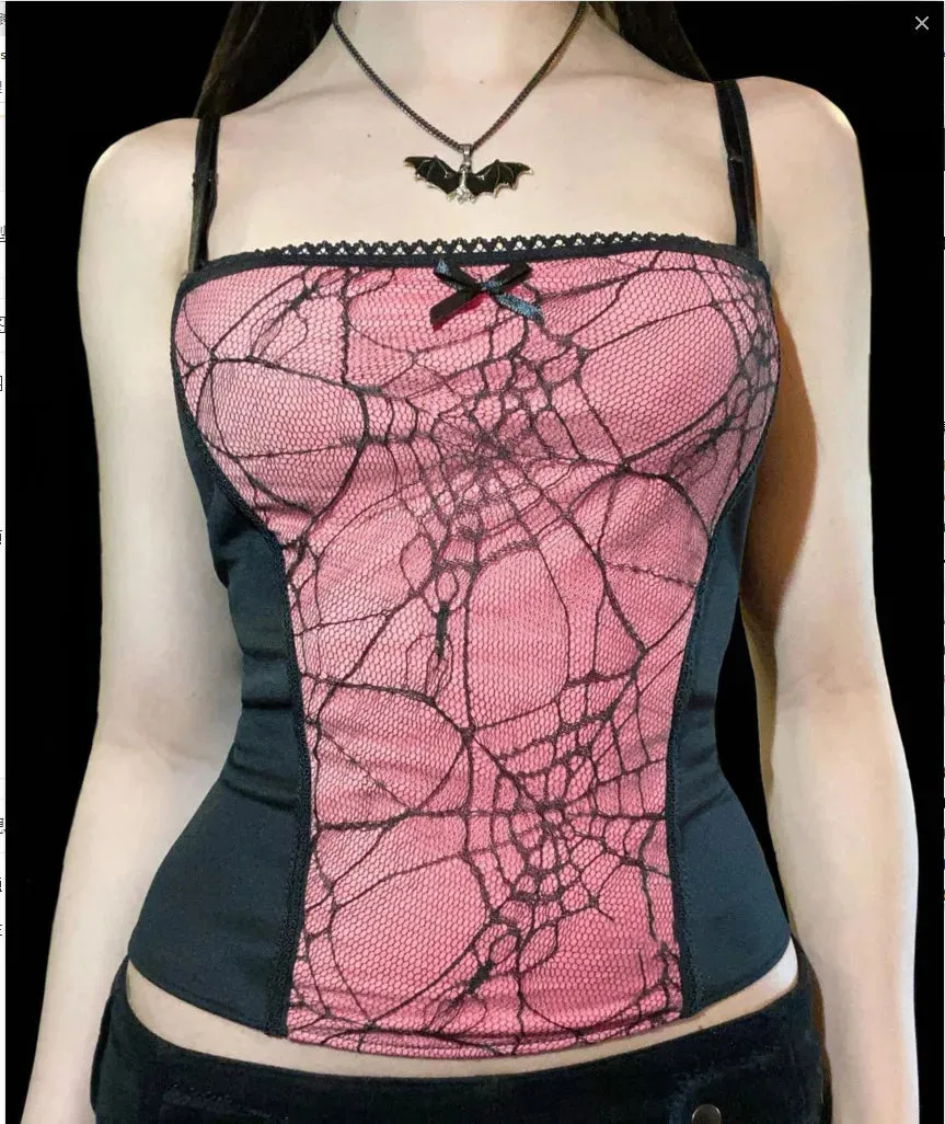 Gothic Spider Pattern Sleeveless Backless Zipper Crop Top