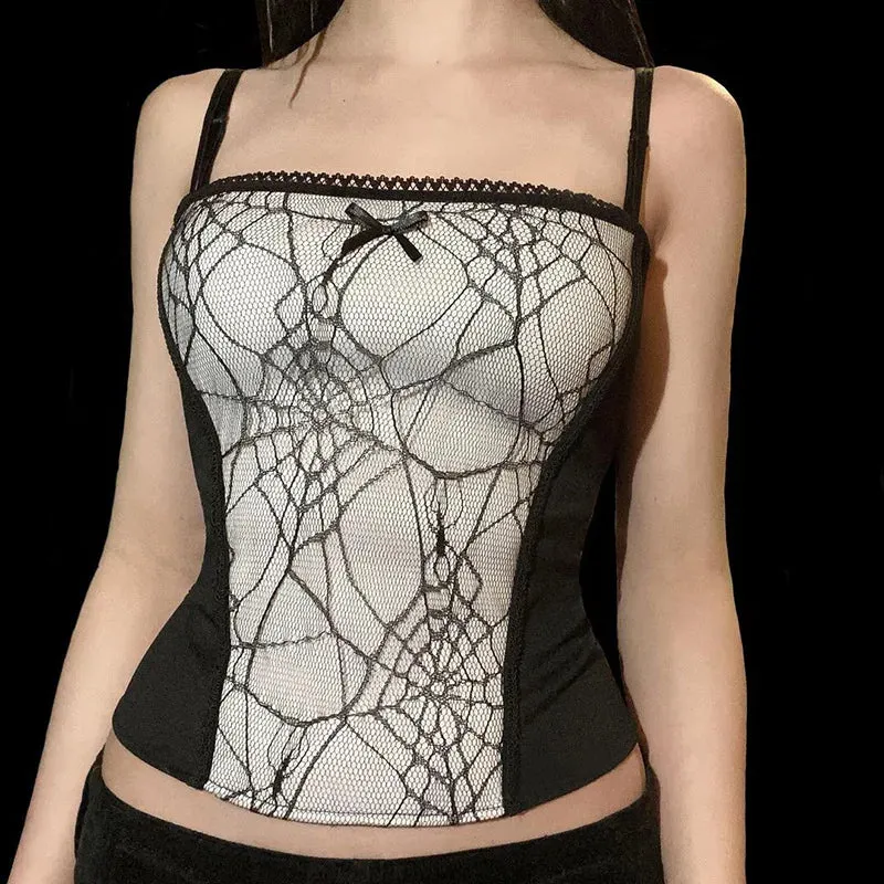 Gothic Spider Pattern Sleeveless Backless Zipper Crop Top