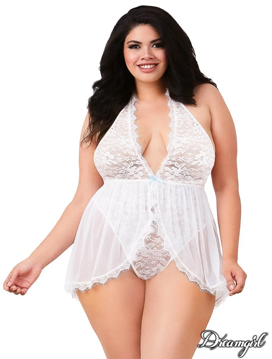 Halter Plunge Front Lace Teddy with Skirt