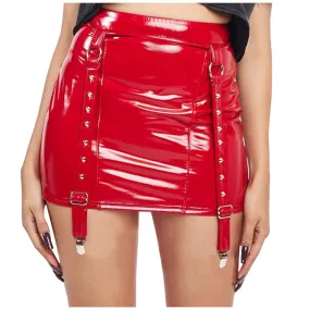 Hight Waist PU Leather Skirt With Garters