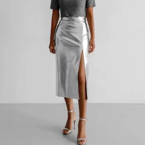 Hnewly Slit Silver Skirts Women Elegant High Waist Leather Pu Long Skirts Autumn Slim Party Sexy Straight Skirts Female Vintage Y2k