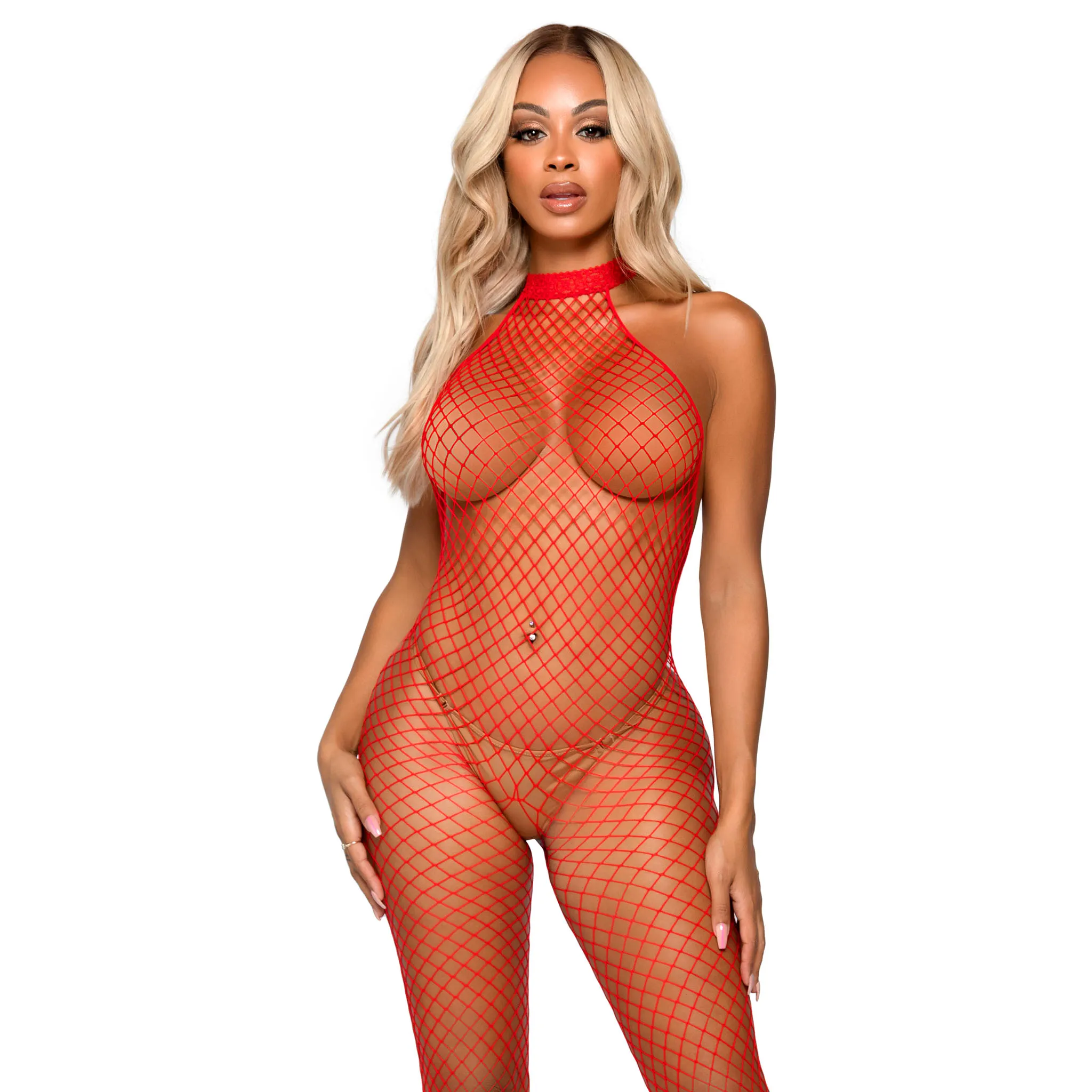 Industrial Net Racer Neck Backless Bodystocking -  One Size - Red