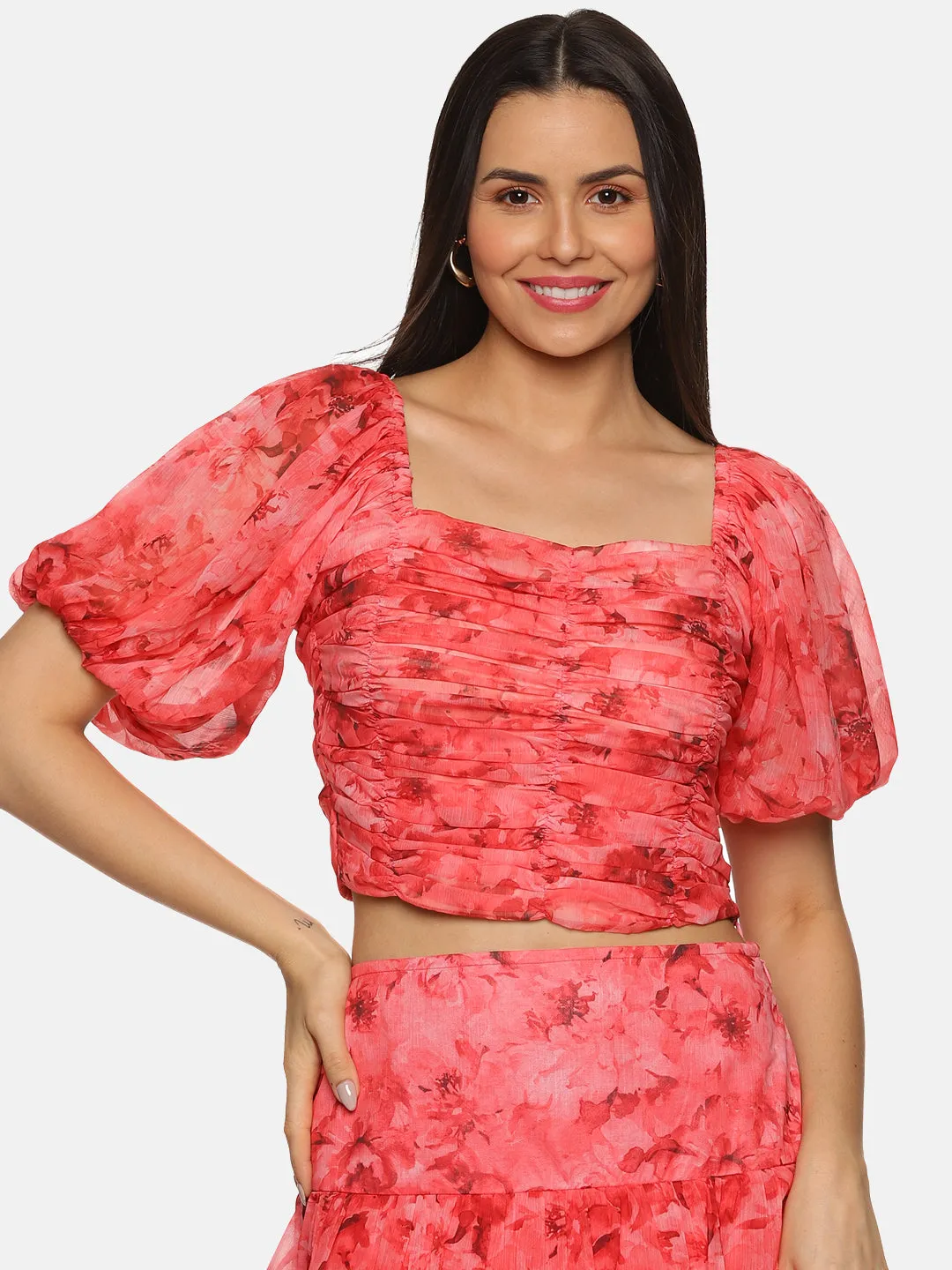 IS.U Floral Coral Ruching Detail Crop Top