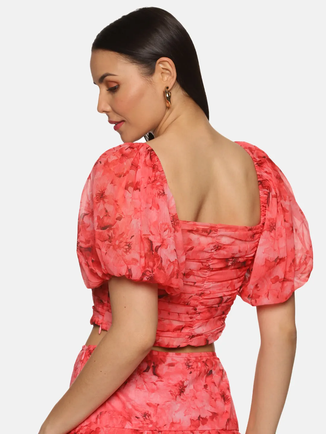 IS.U Floral Coral Ruching Detail Crop Top