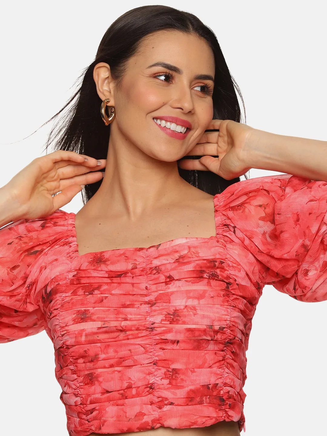 IS.U Floral Coral Ruching Detail Crop Top