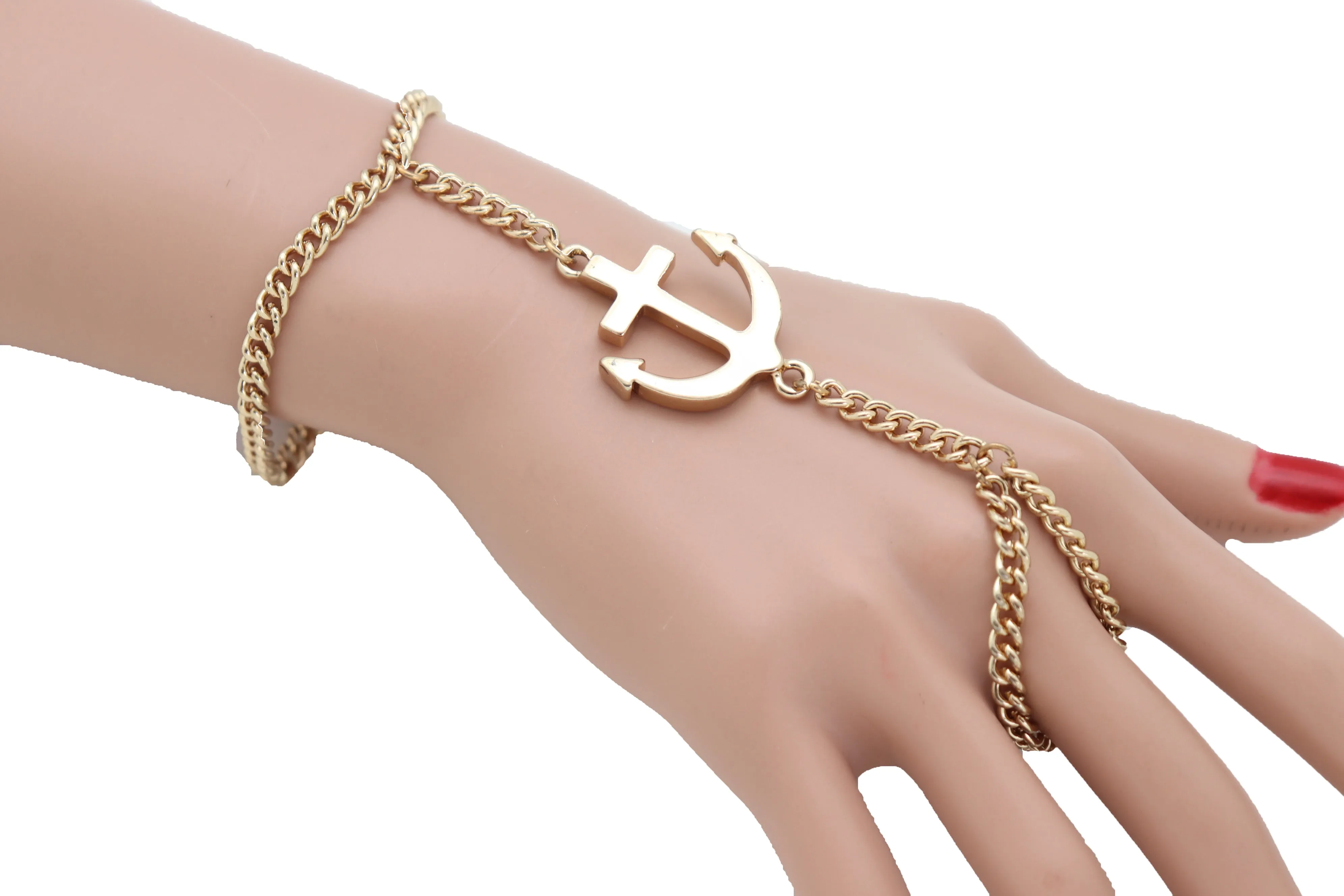 Jewelry Nautical Fashion Bracelet Gold Metal Hand Chain Anchor Charm Ring