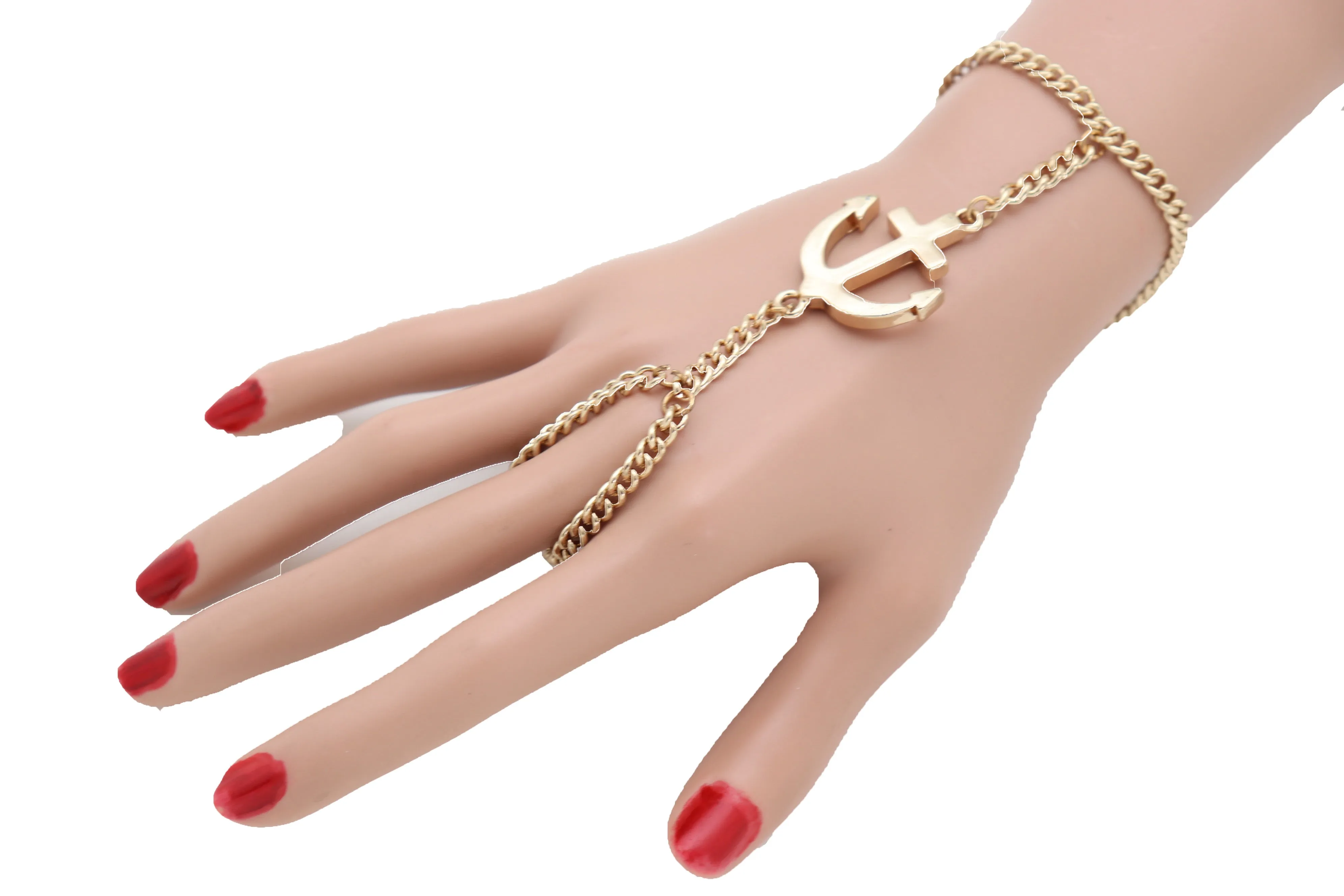 Jewelry Nautical Fashion Bracelet Gold Metal Hand Chain Anchor Charm Ring