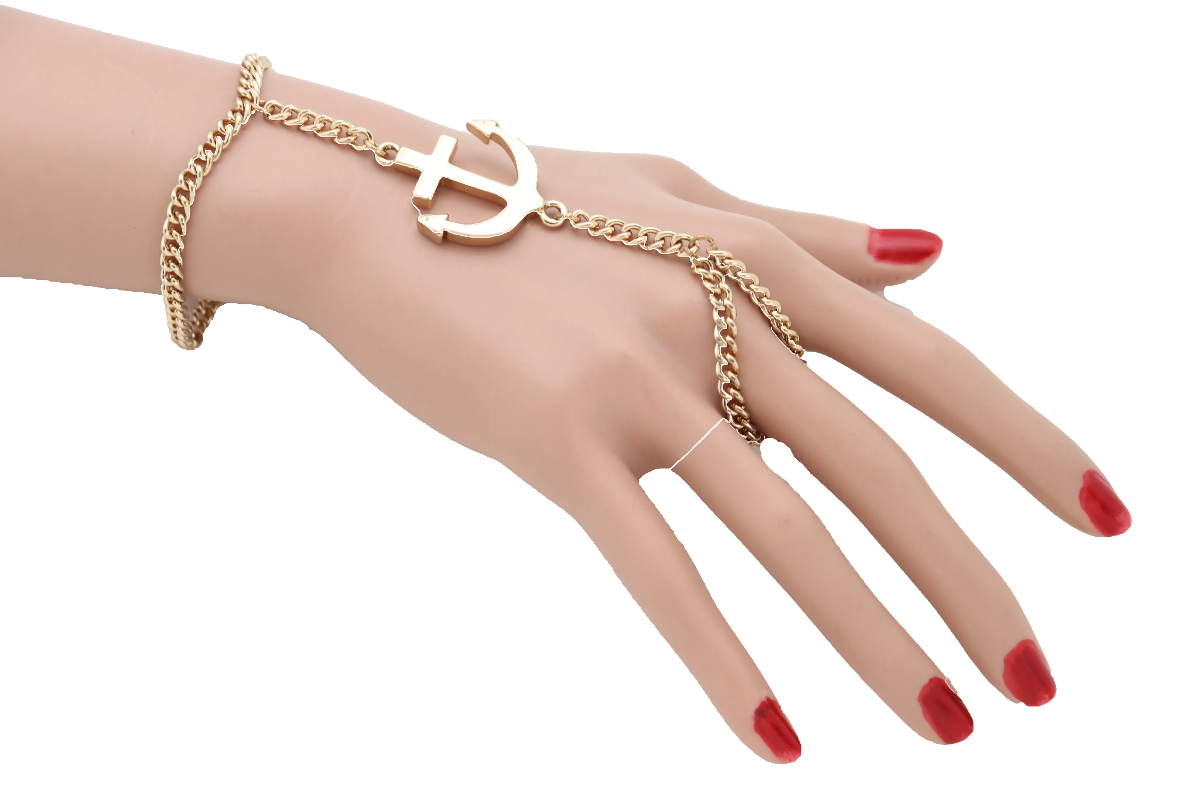 Jewelry Nautical Fashion Bracelet Gold Metal Hand Chain Anchor Charm Ring