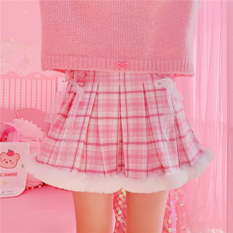 Kawaii Pleated Mini Pink Women Skirt with Lace, Fur, & Shorts