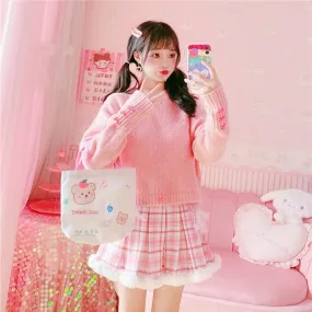 Kawaii Pleated Mini Pink Women Skirt with Lace, Fur, & Shorts