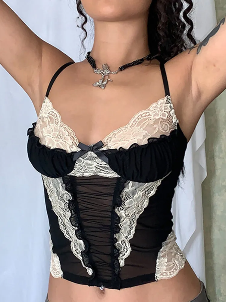 Lace Gothic Stitching Mesh Corset Crop Top